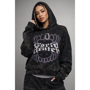 Smoke Rise Dystopia Rhinestone Hoodie Black Faded Y2K Gothic Streetwear S